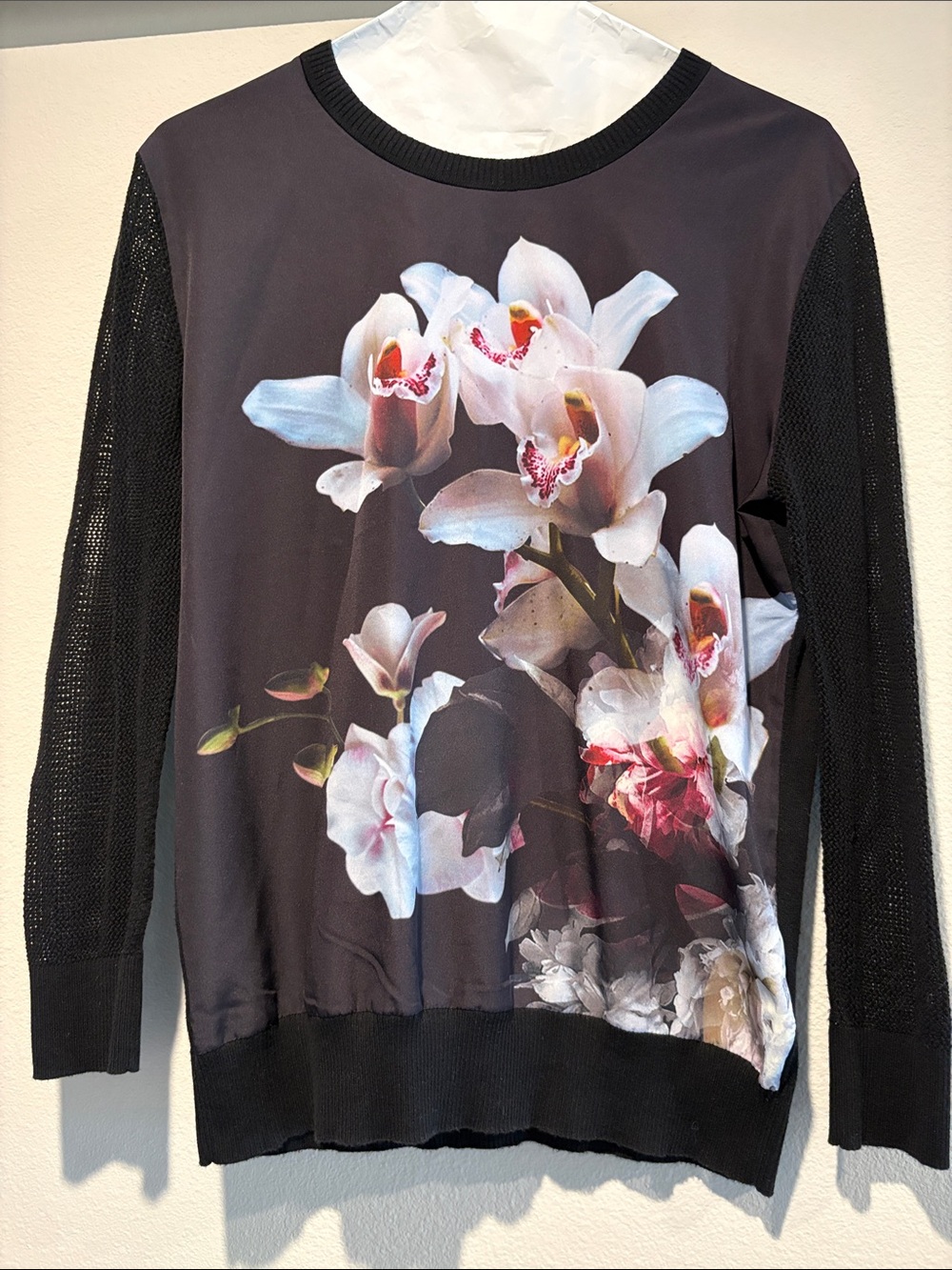 Ted Baker Black Floral Crewneck Sweater with White & Pink Orchid Print